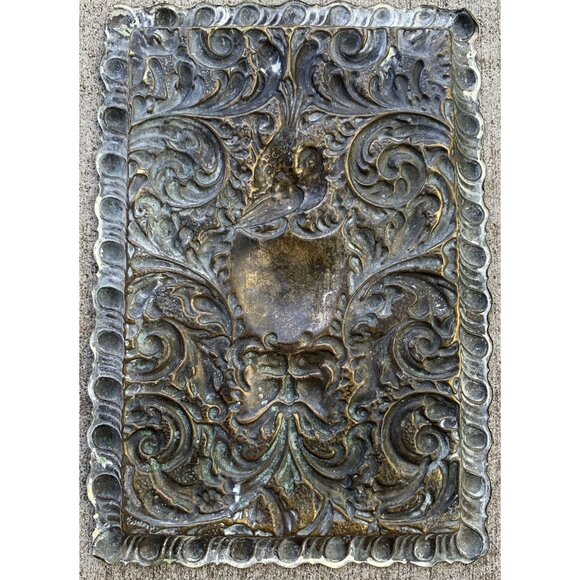 Ornate Repousse Brass Tray Baroque-Style Design Engraved Bird Motif - Picture 2 of 9